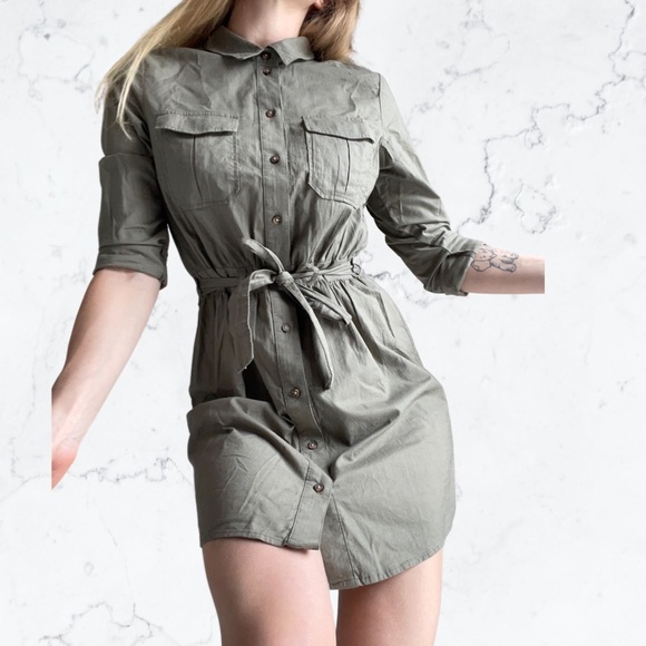 H&M new with tags khaki button front dress with waist tie size 12 100% cotton - Picture 2 of 7